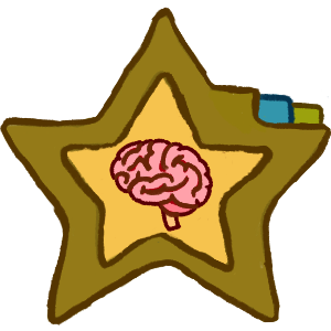 a star shaped folder with a yellow inside and darker yellow green ish outside with a tab of the same colour, à blue tab and a green tab with a brain